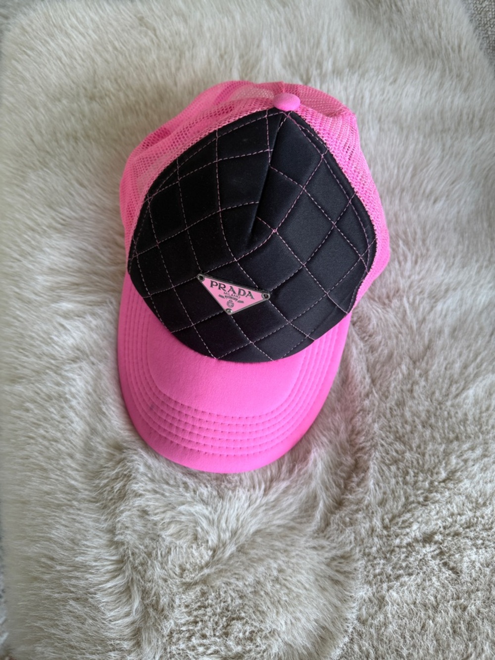 Prada Black Quilted Front Pink Mesh Baseball Cap